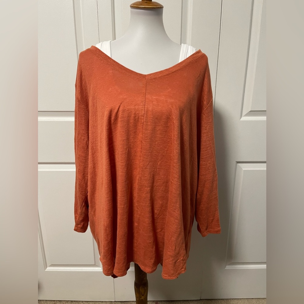 Tahari Orange Linen wide v-neck long sleeve tunic high low lounge top